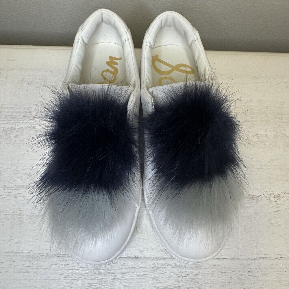 Sam Edelman Leya White Sneakers Shoes Faux Fur Pom Pom Size 6 - Picture 3 of 10